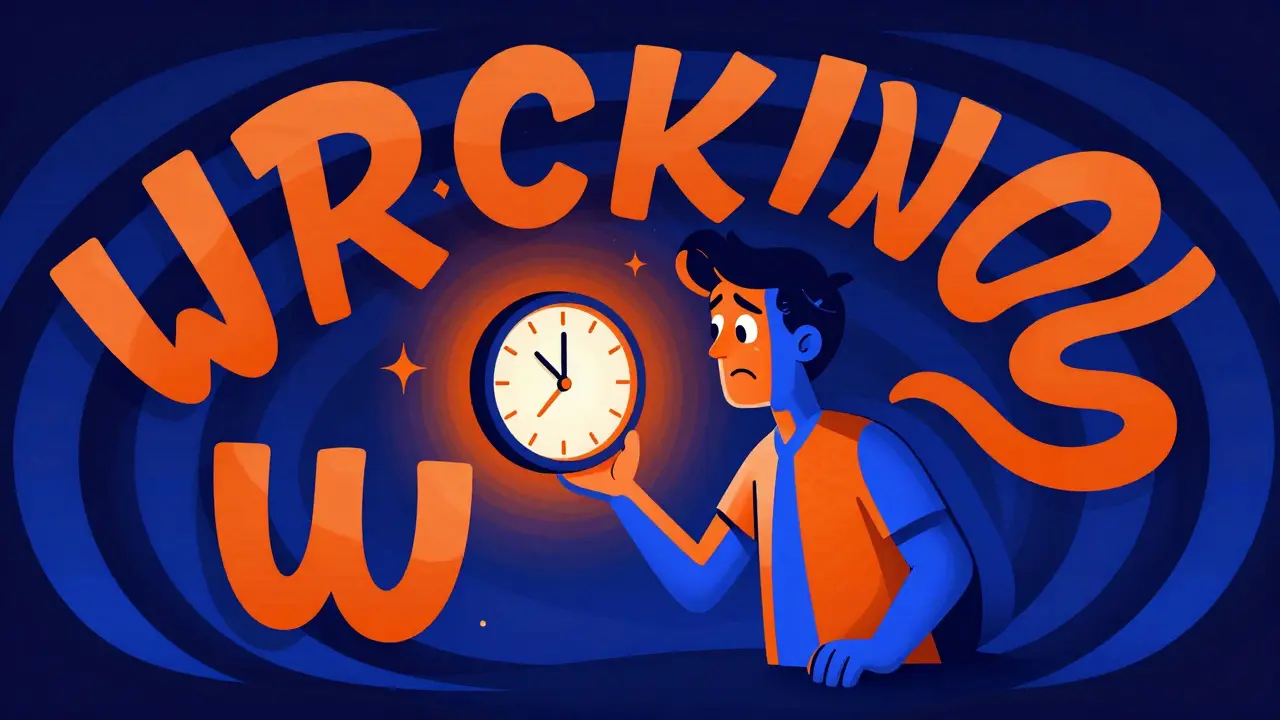 Psychedelic cartoon of a person looking at a clock with swirling abstract shapes.