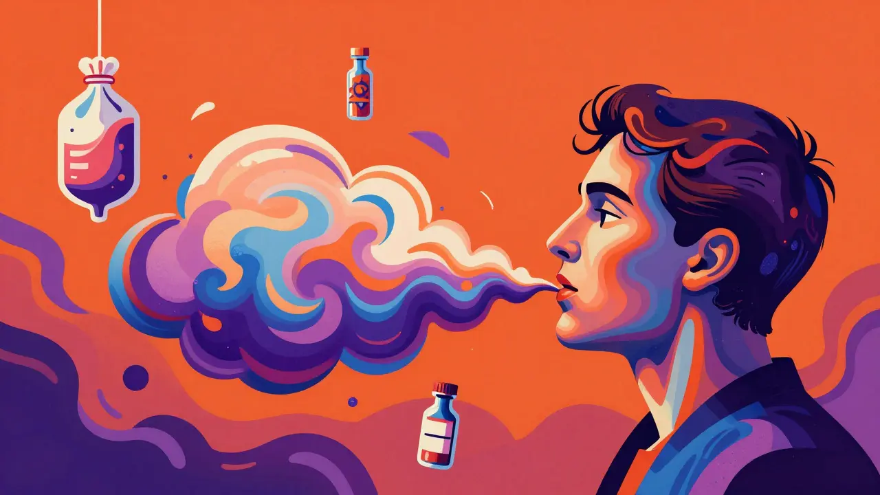 Stylized art of a person taking a urea breath test with colorful swirling gases