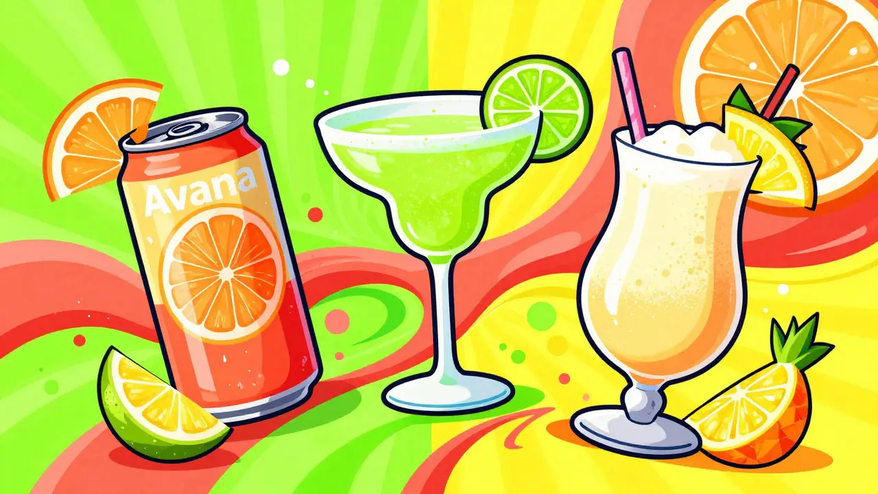 Stylized colorful illustration of three different flavored Avana organic cocktail cans with swirls.