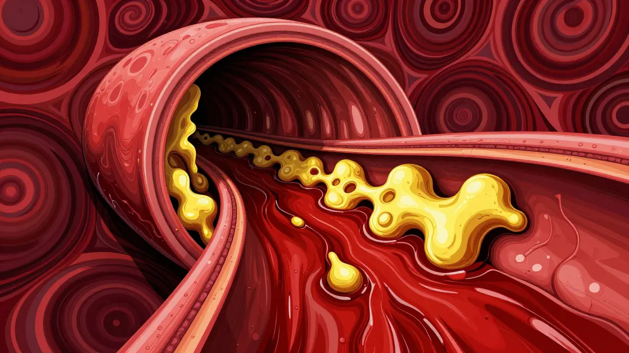 Stylized cross-section of an artery with yellow plaque buildup and flowing red blood.