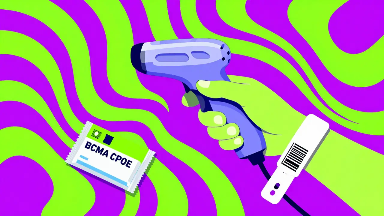 Stylized graphic of a barcode scanner being used on a hospital wristband.