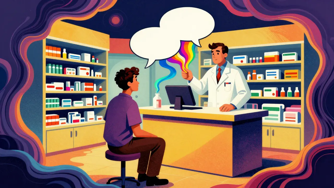 Surreal illustration of a pharmacist and patient with colorful, ribbon-like speech bubbles.