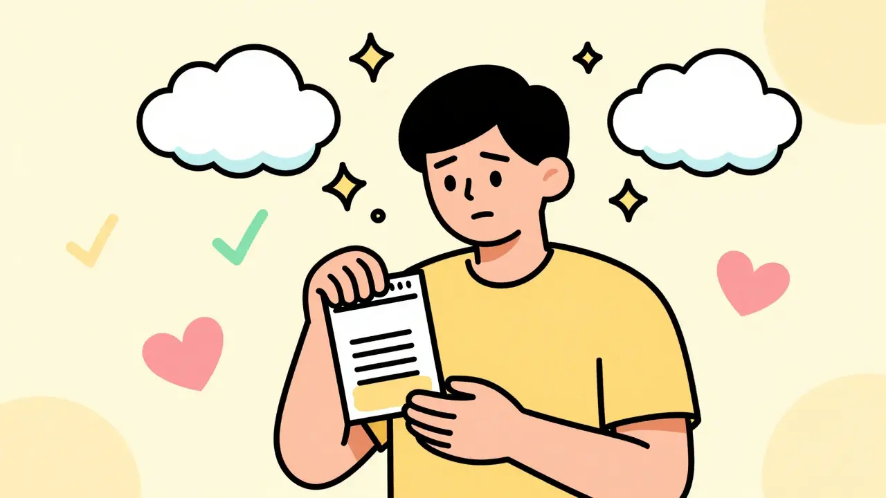 Cheerful illustration of a person finding relief as anxiety clouds dissolve into sparkles.
