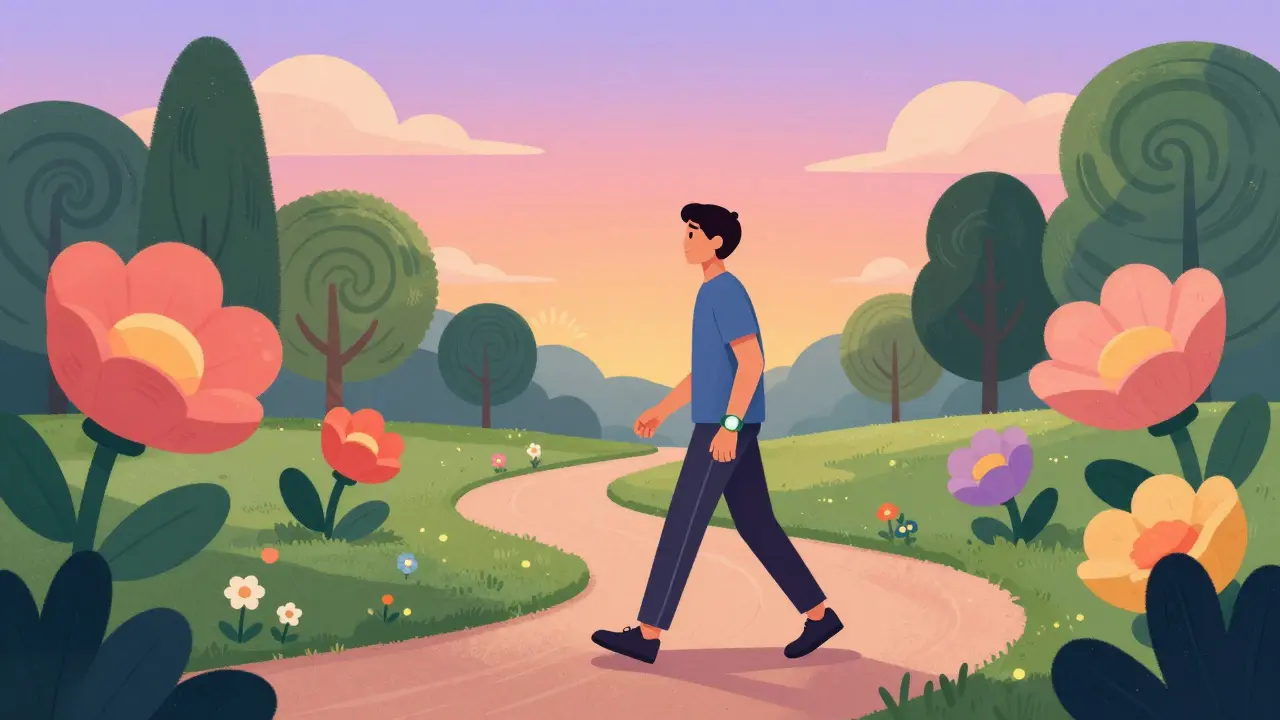 Colorful illustration of person walking outdoors with smartwatch