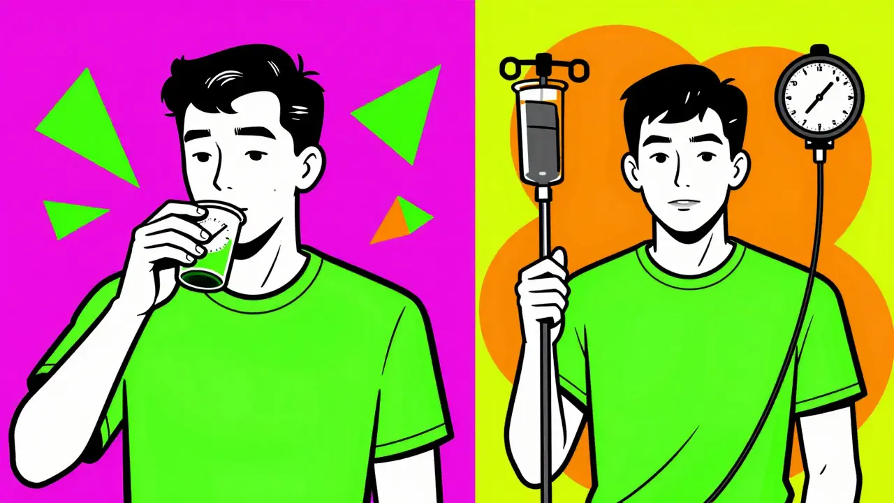Comparison of oral and IV penicillin desensitization methods in Wes Wilson art style