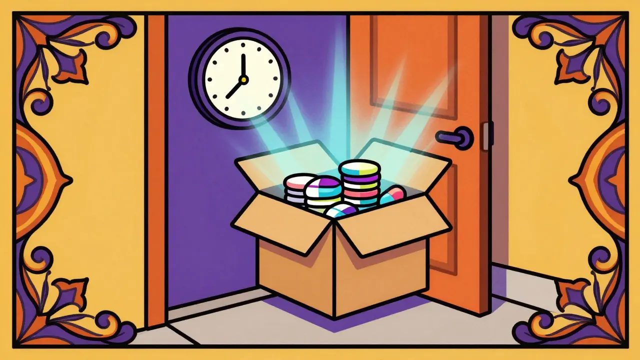 Delivery box with healing aura representing fast medication shipping in retro style.