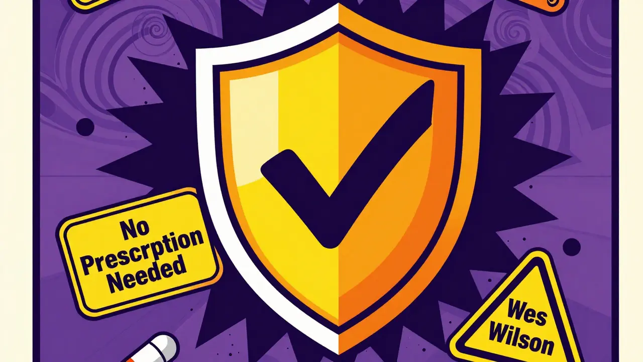 Graphic illustration of a shield protecting against fake online pharmacy scams