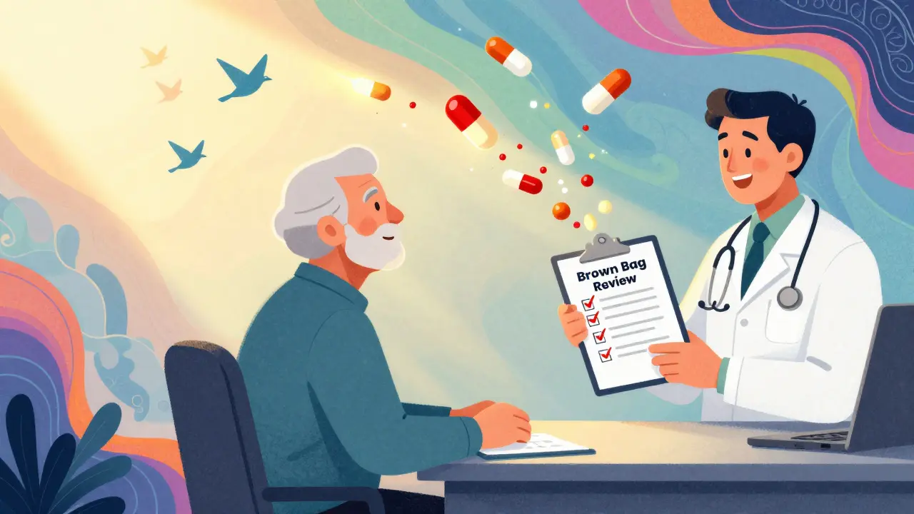 Illustration of pills dissolving into light as a doctor reviews medications with a patient.