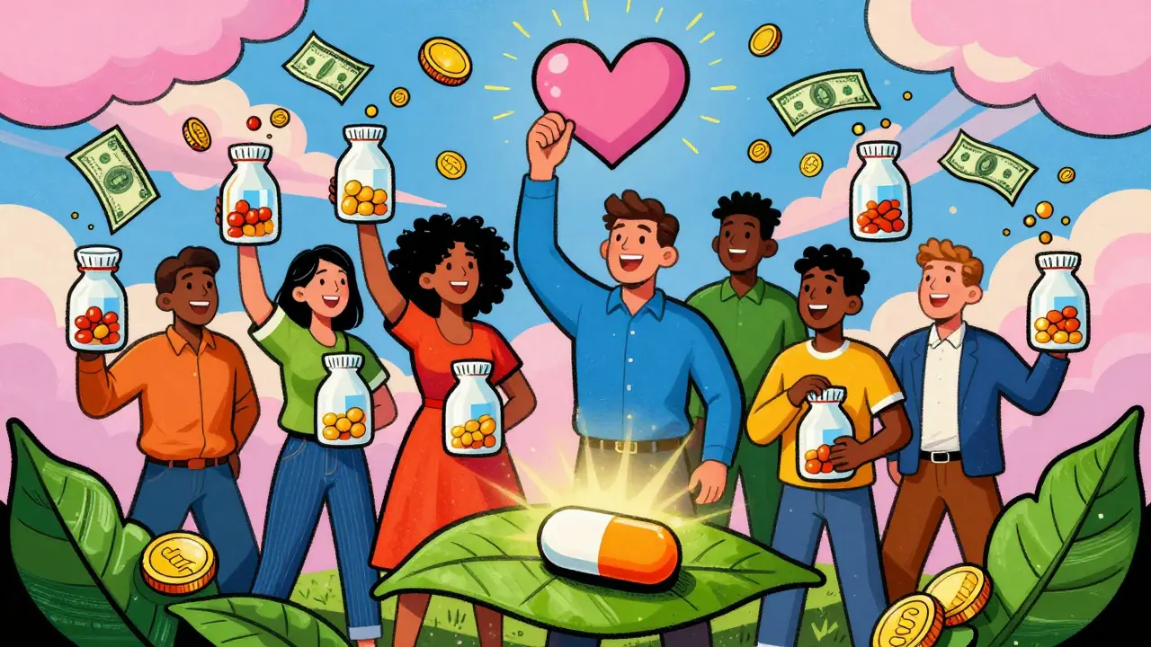 Joyful patients surrounded by money turning into hearts and leaves