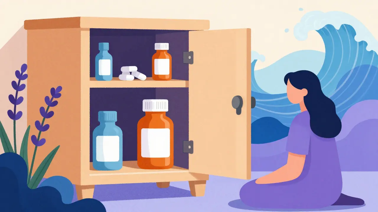 Medicine cabinet storage and calm lifestyle illustration
