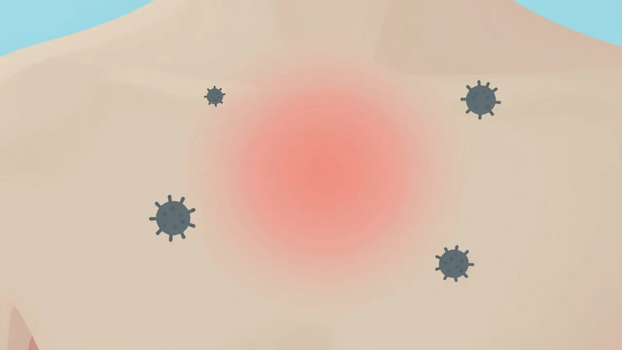Pastel Wes Anderson art showing subtle redness and bacteria on skin surface.