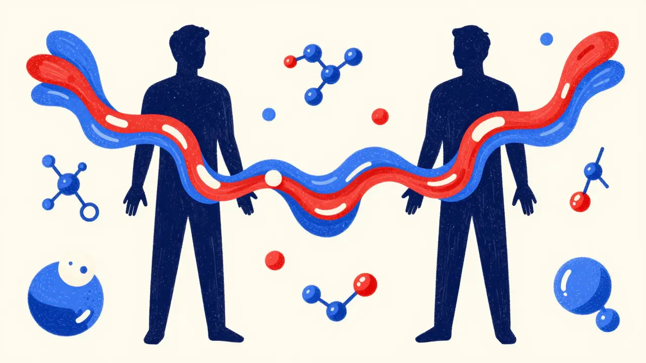 Psychedelic art showing two figures connected by flowing ribbons, symbolizing drug equivalence.