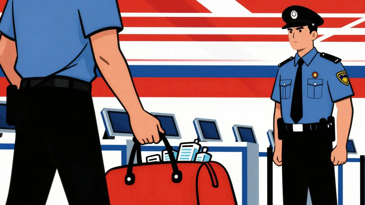 Retro art of traveler at airport security with meds