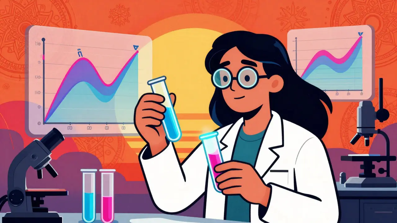 Retro lab scene showing bioequivalence testing with glowing liquids