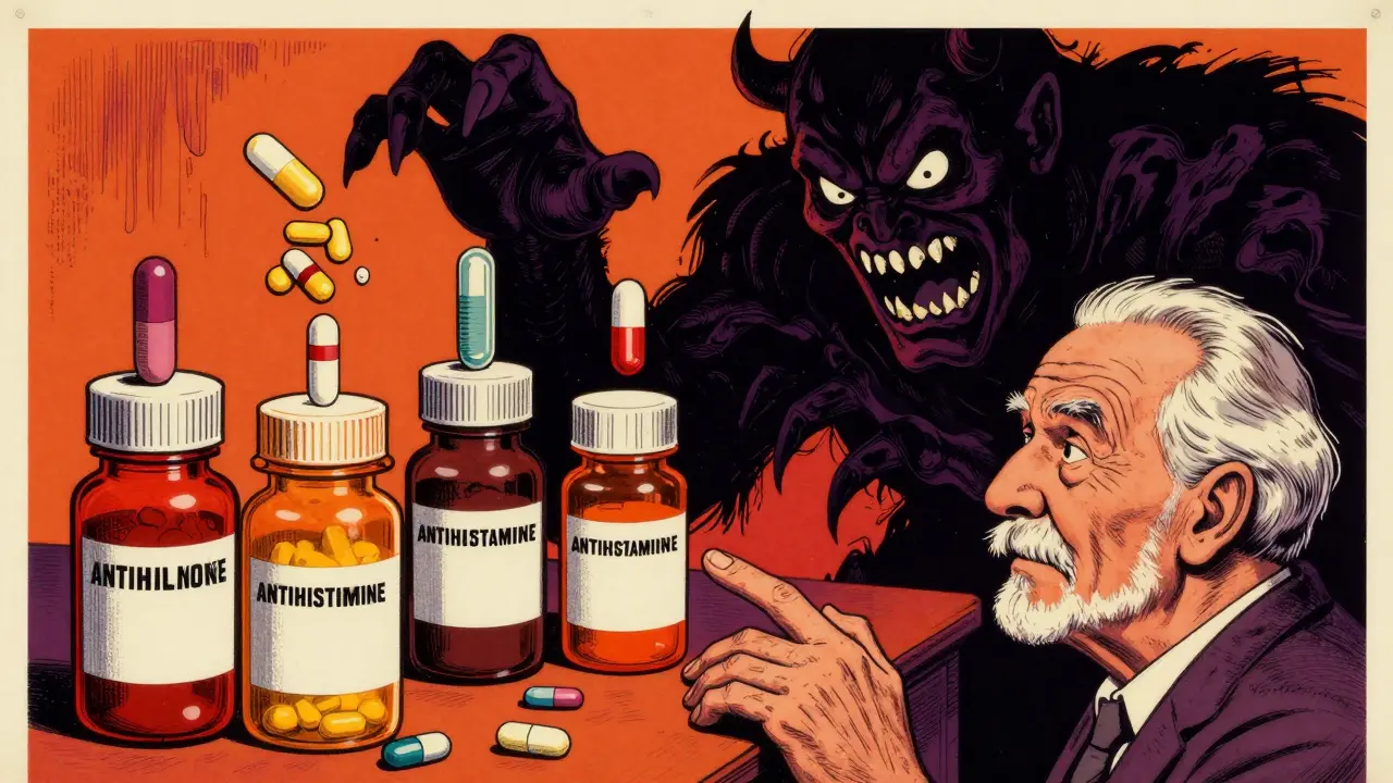 Retro poster art showing medicine bottles turning into shadows threatening a senior.