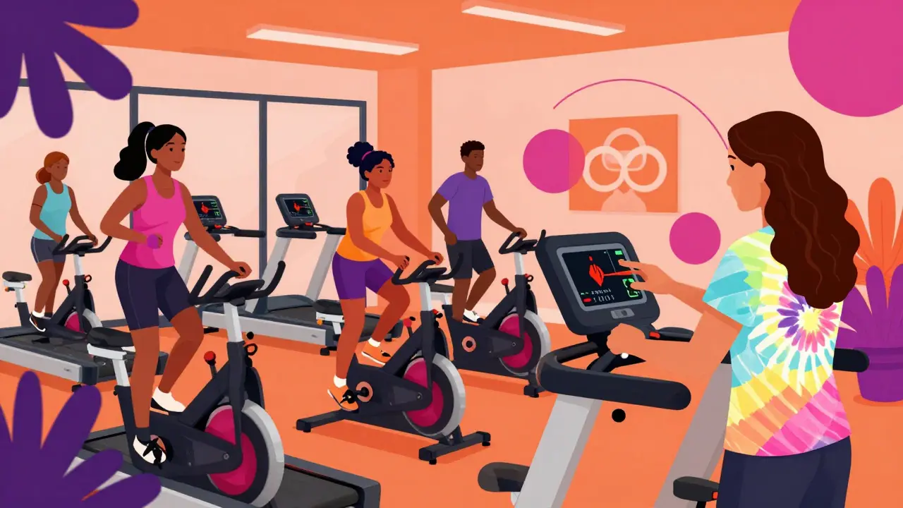Retro-style art of patients exercising on machines in cardiac rehab gym