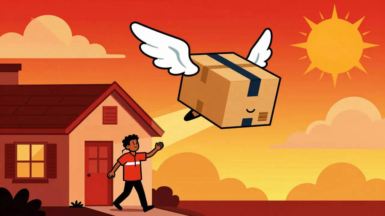 Retro-style art showing a safe medicine package flying to a home doorstep