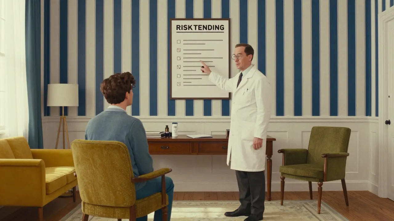 Symmetrical Wes Anderson scene of a doctor discussing risks with a patient.