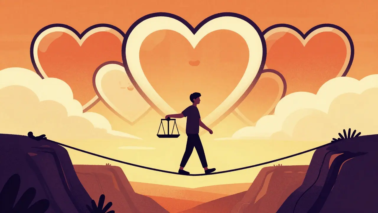 Wes Wilson style drawing of a person balancing on a rope with heart-shaped clouds.