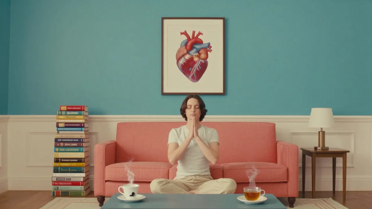 A person meditating in a symmetrically decorated, pastel-colored room representing stress management.