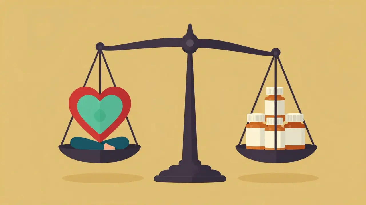 A stylized balance scale weighing natural health icons against medication bottles in a retro design.