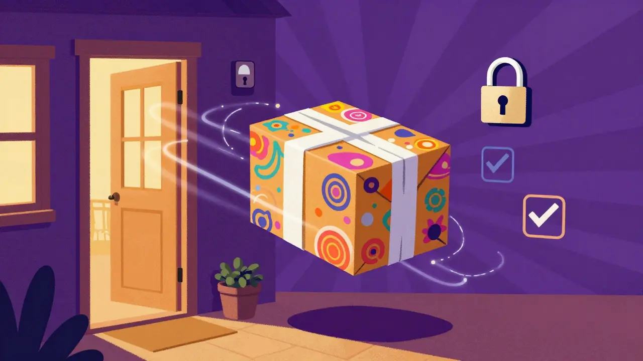 A vibrant package floating towards a home, symbolizing easy medication delivery.