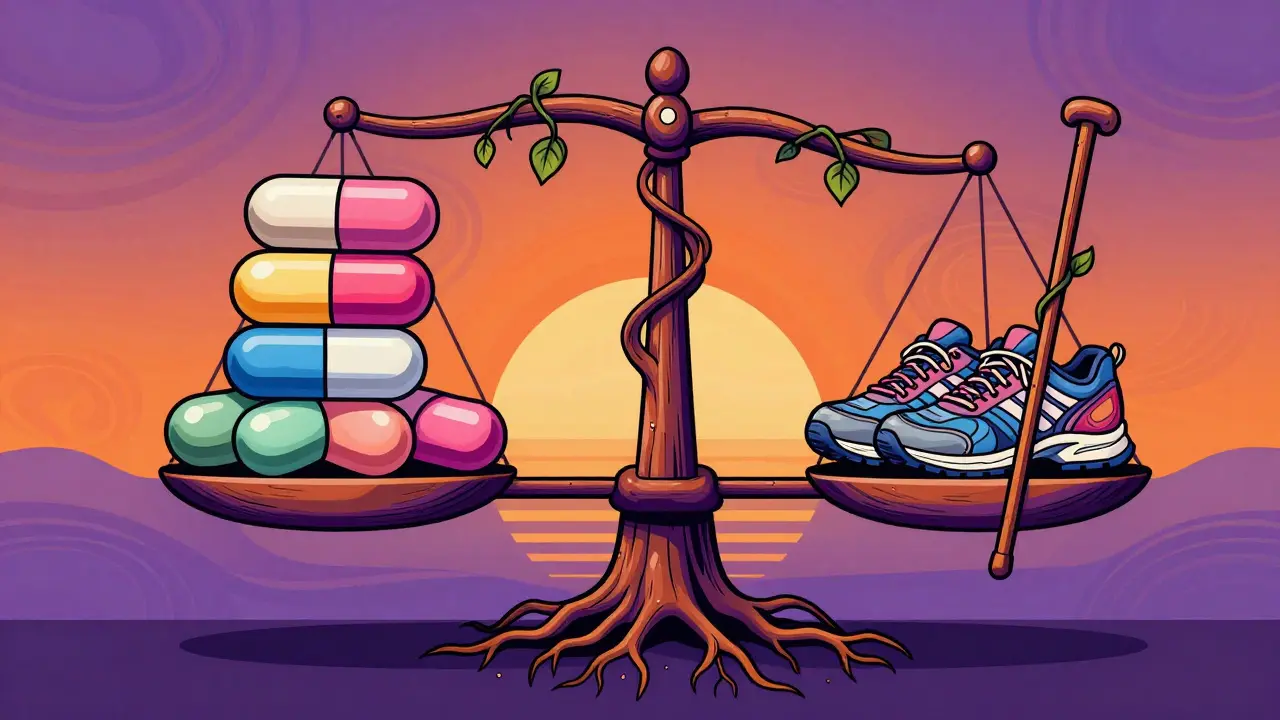 Balanced scale showing pills versus exercise gear in retro art style