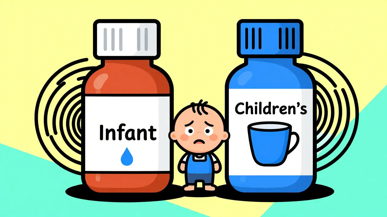 Cartoon of two medicine bottles and a confused child highlighting dosage errors