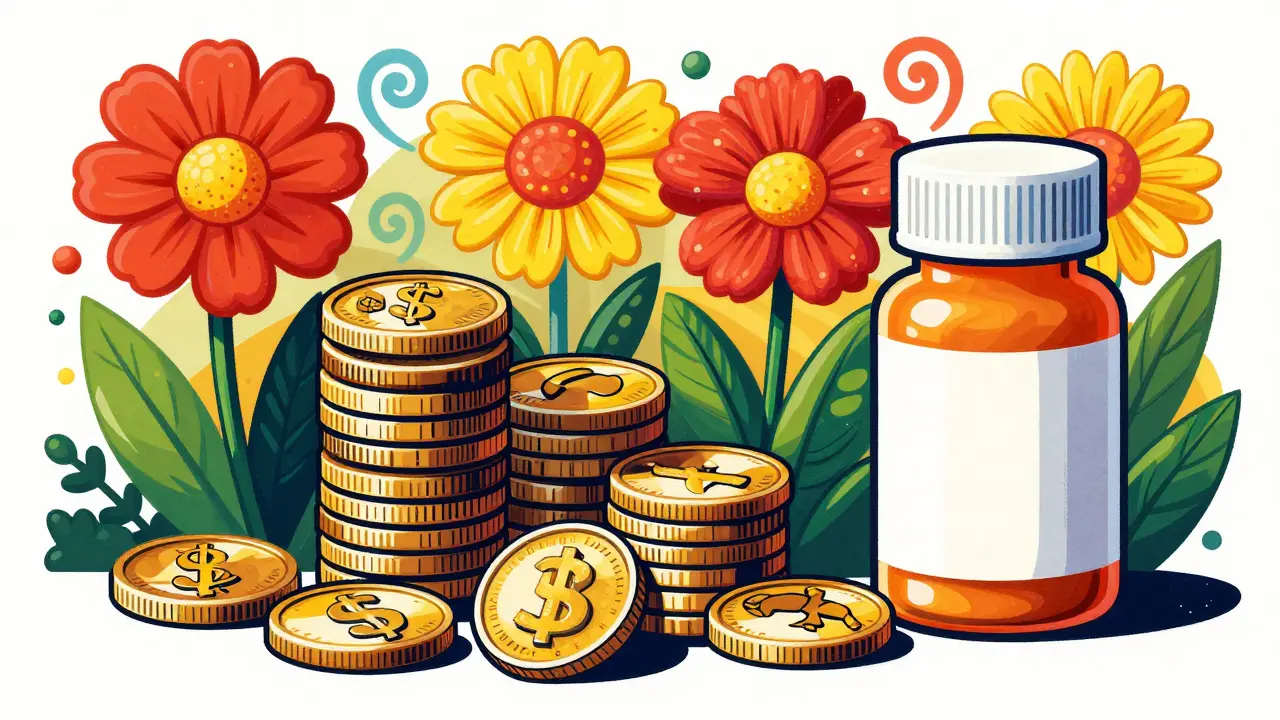 Coins turning into flowers representing savings on generic medication