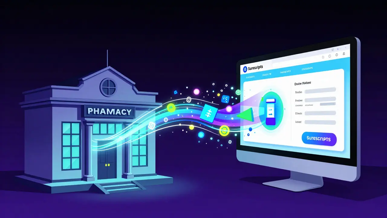 Colorful digital data streams transferring prescriptions between pharmacies.