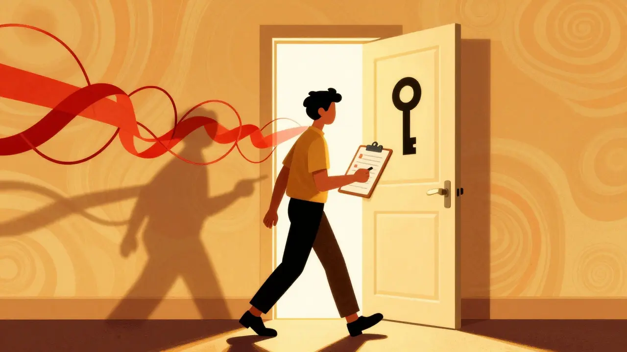 Confident person with checklist approaching a solution in retro art style