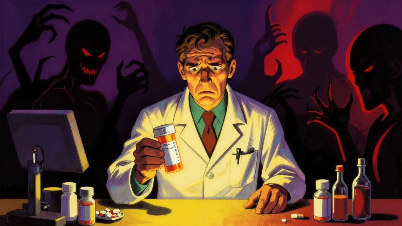 Confused pharmacist holding a bottle with illegible label and looming errors