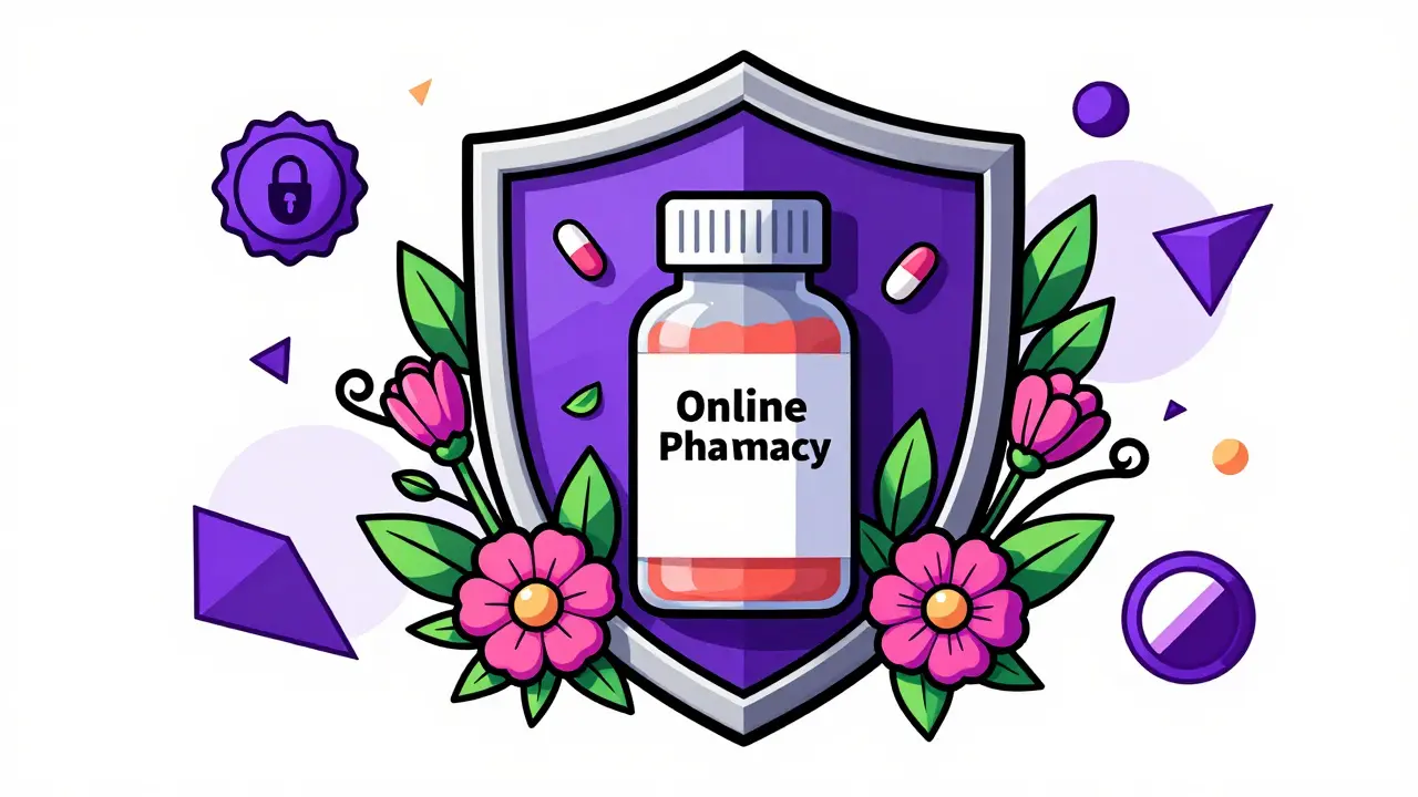 Floral shield protecting medicine bottle symbolizing safe online pharmacies
