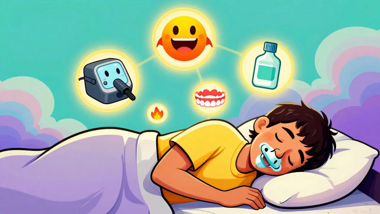 Happy sleeper using nasal dilator and side-sleeping position