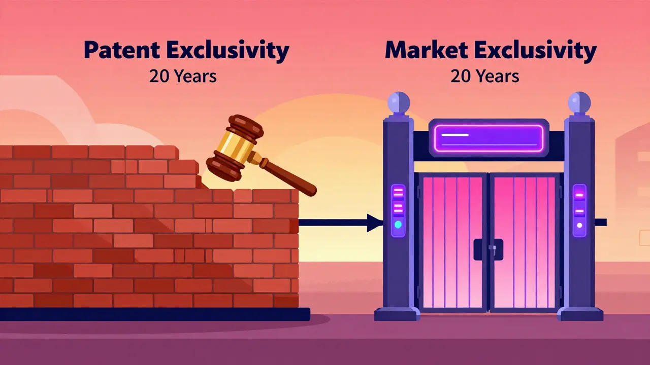 Illustration comparing a litigation-enforced patent wall with an automated FDA regulatory gate.