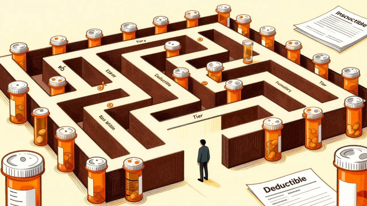 Illustration of a person lost in a maze of pills and insurance forms