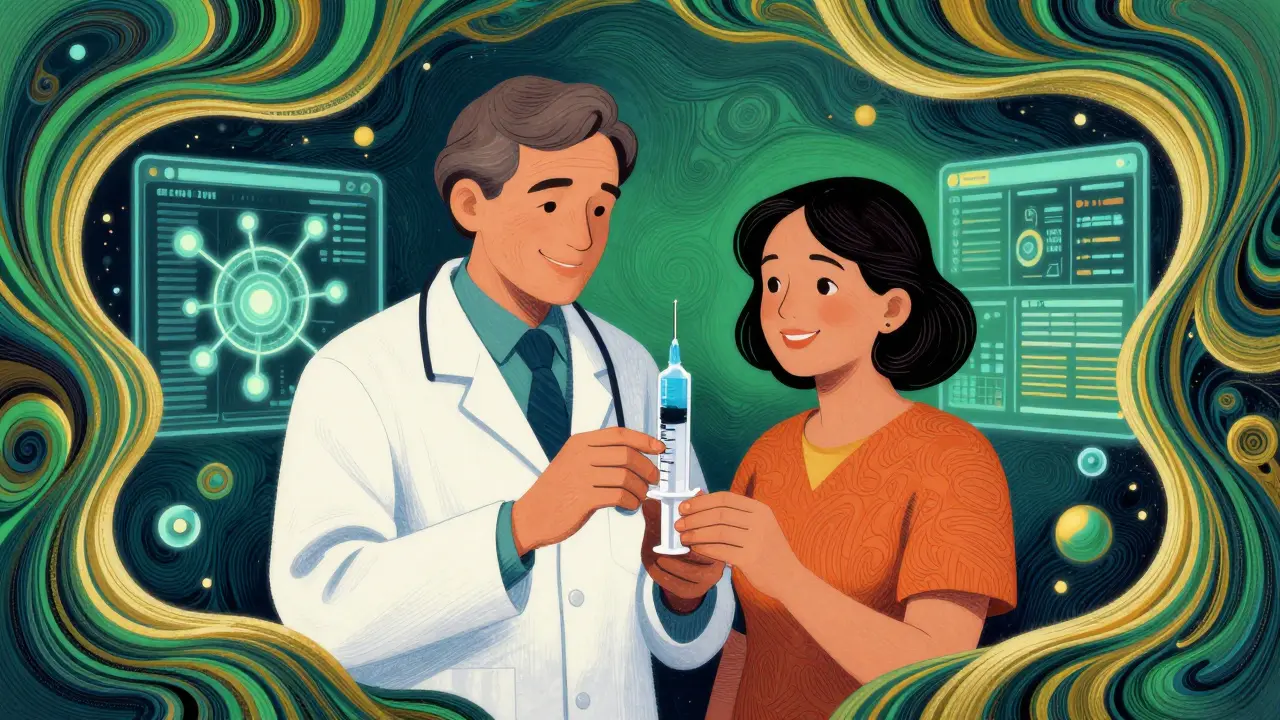 Illustration of doctor and parent using a safe measuring syringe with calming colors