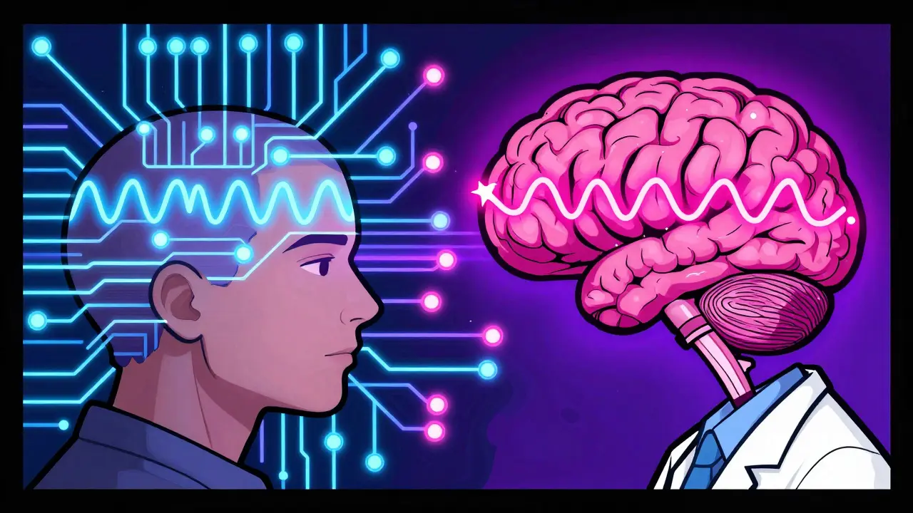 Neurologist examining a brain circuit board with stable vs erratic signals