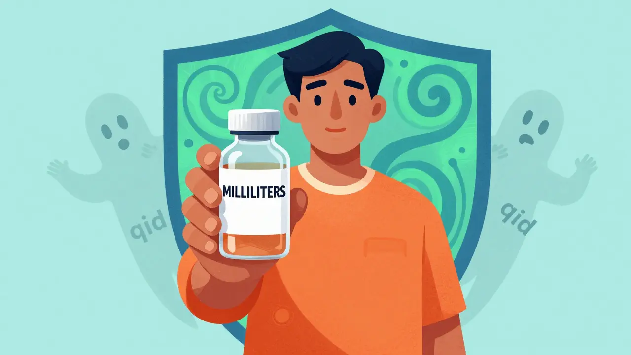 Patient holding clearly labeled medicine protected by a safety shield