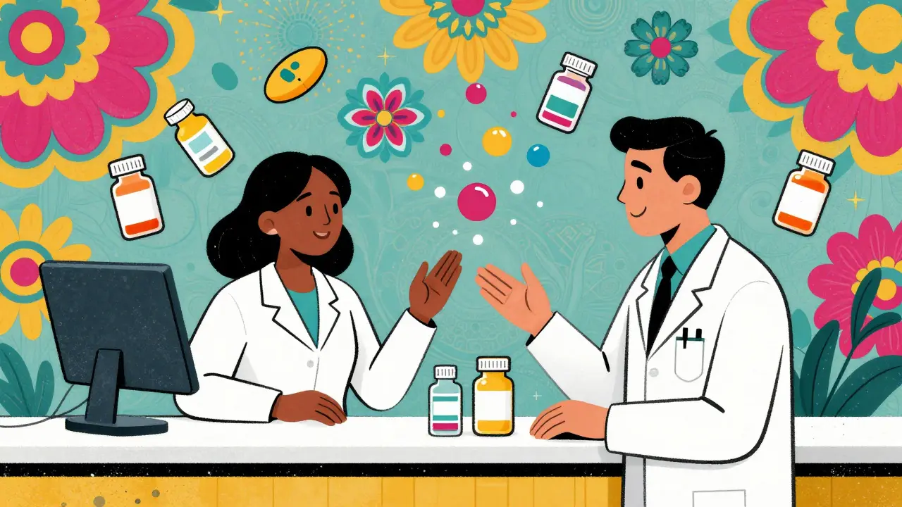 Pharmacist and doctor discussing pills transforming into colorful geometric shapes