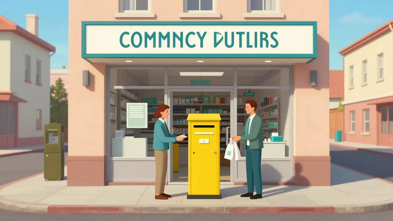 Pharmacy exterior with a yellow drug drop-box