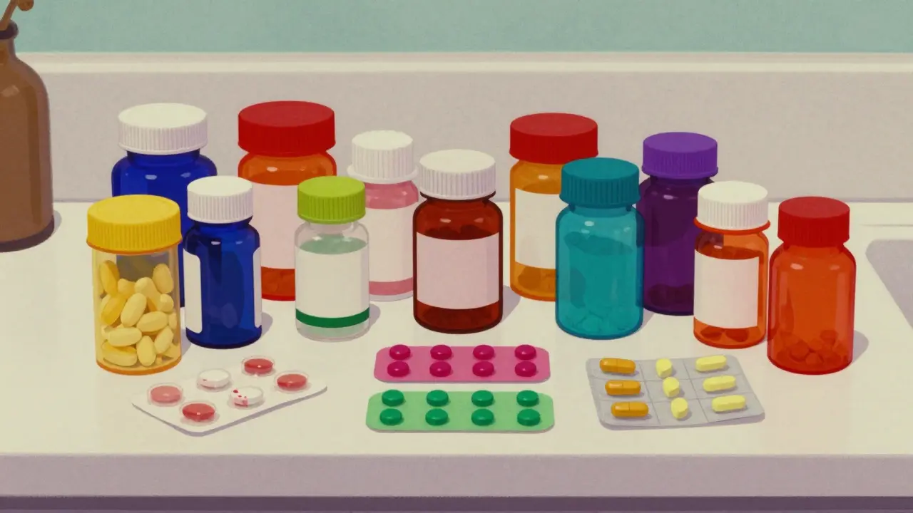 Symmetrical arrangement of colorful medicine bottles