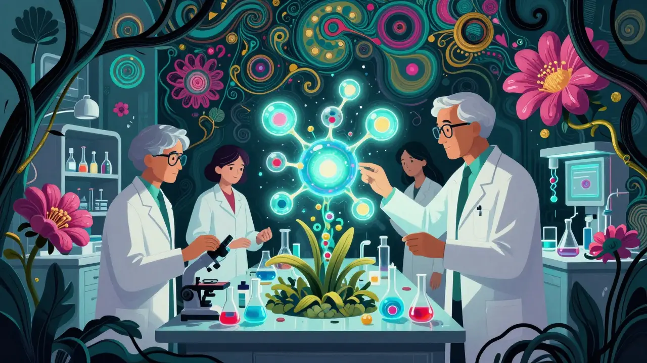 Trippy art of scientists with glowing bio-medicine flowers
