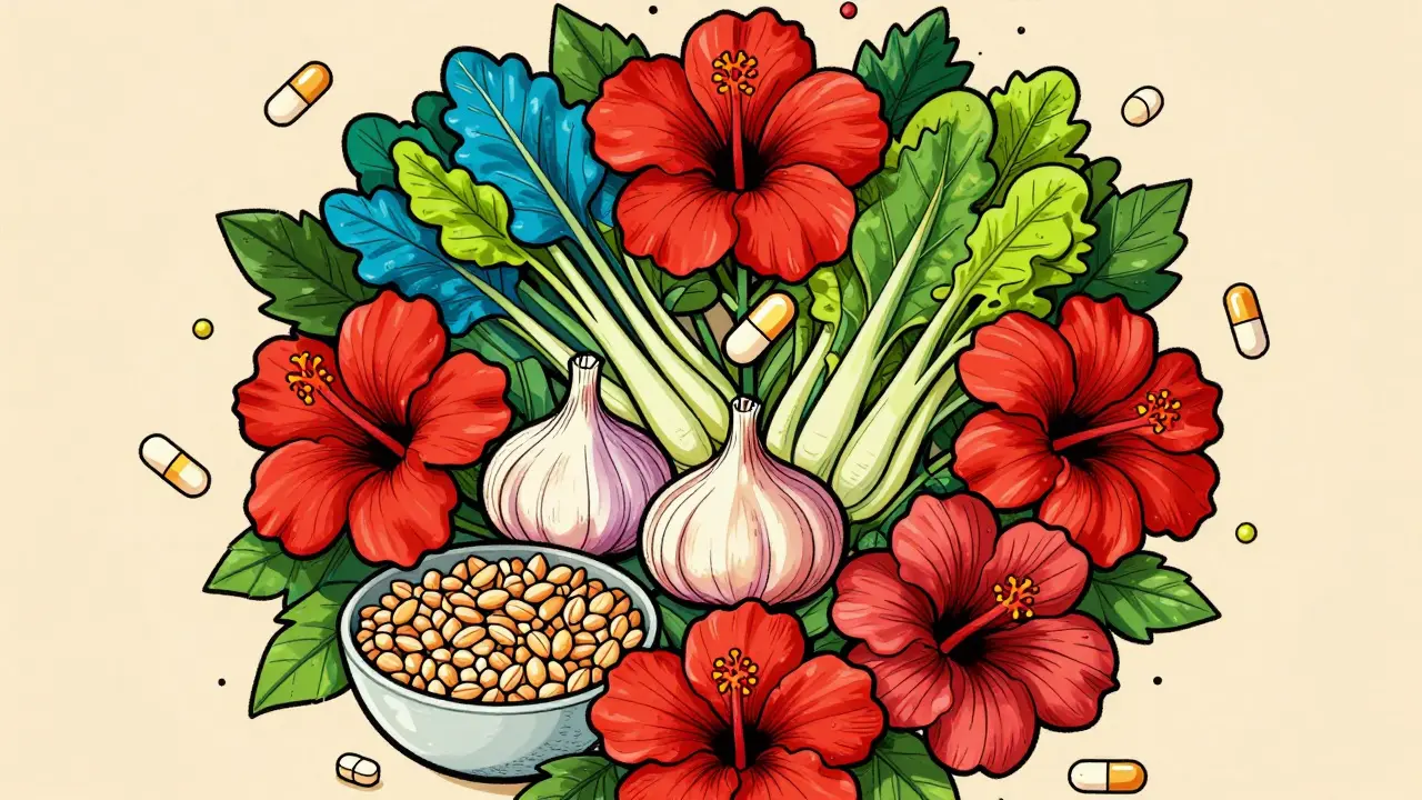 Vibrant arrangement of healthy foods and supplements in a mandala pattern