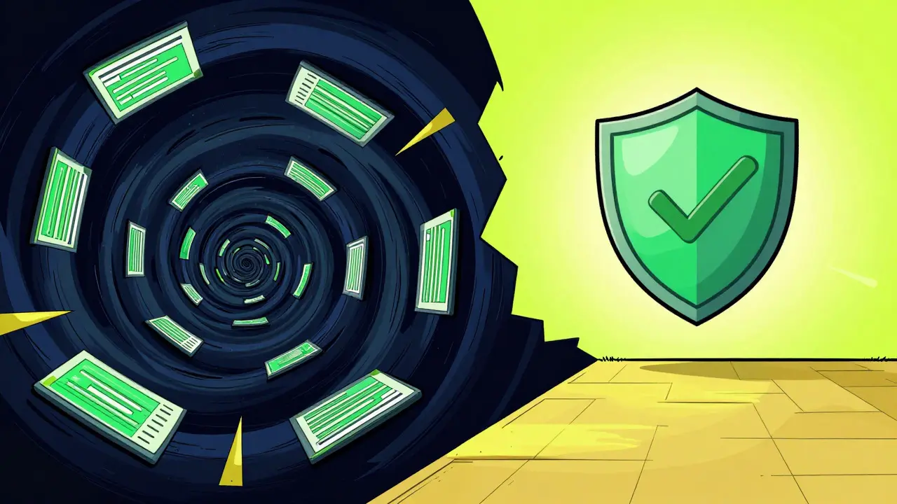 Cartoon comparison of a chaotic scam site versus a safe, verified online pharmacy path.