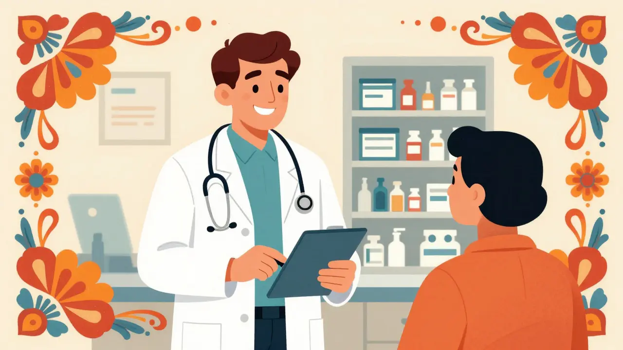 Cartoon doctor and pharmacist reassuring a patient with smiles