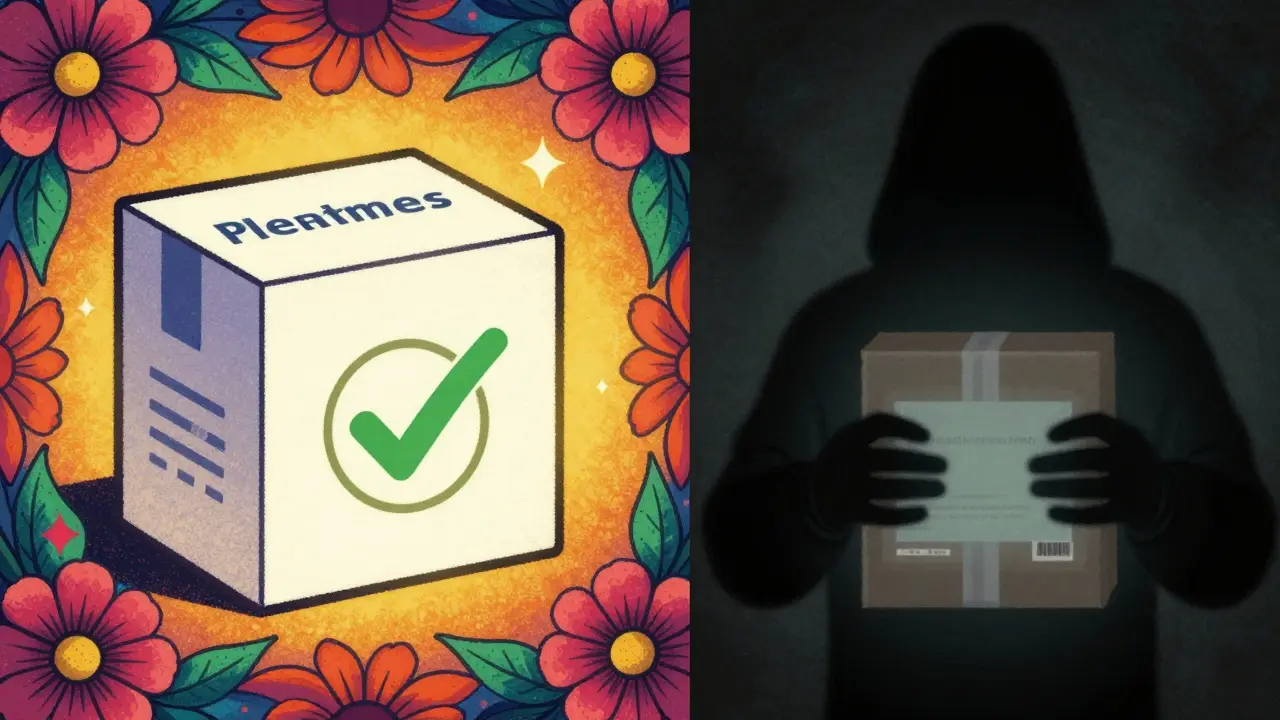 Comparison of safe verified pharmacy vs shady illegal online drug scam.
