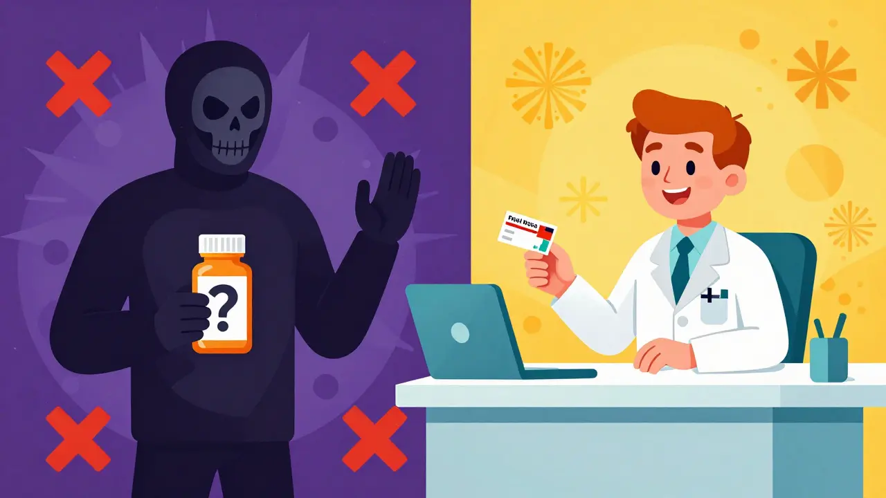 Contrast between shady fake pharmacies and safe, verified telehealth services