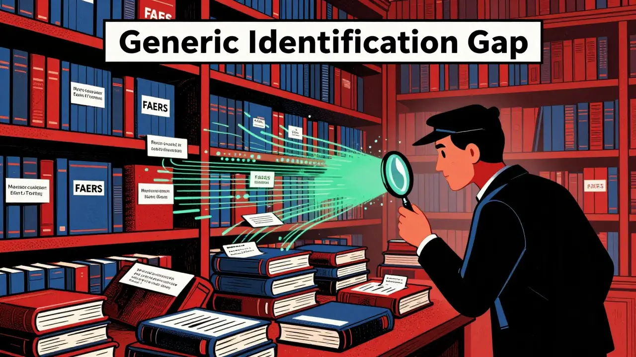 Detective searching through chaotic library of unlabelled drug reports
