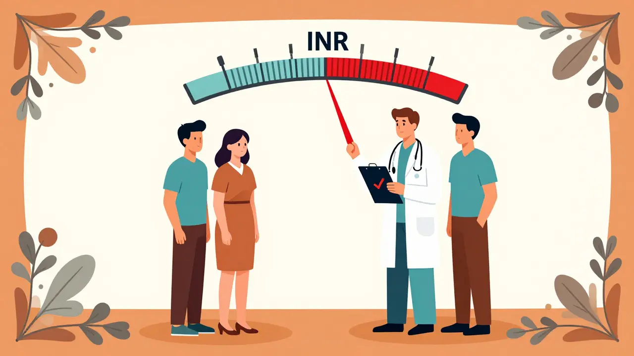 Doctor and patient monitoring high INR levels in retro cartoon style